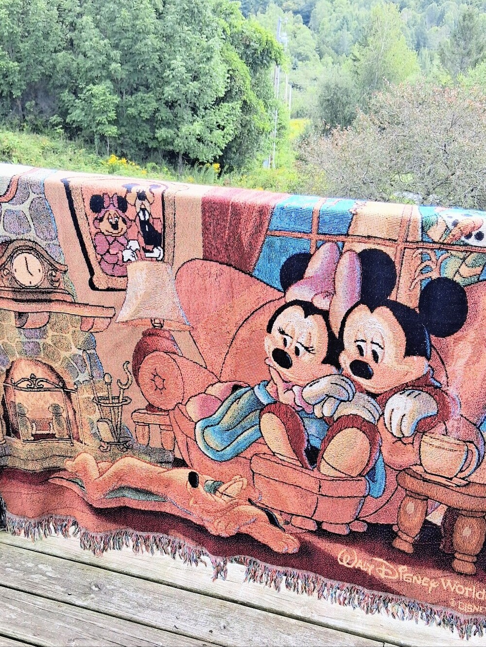 Vintage 60 X 56 Walt Disney "Cozy Mickey & Minnie Fireplace" Woven Tapestry